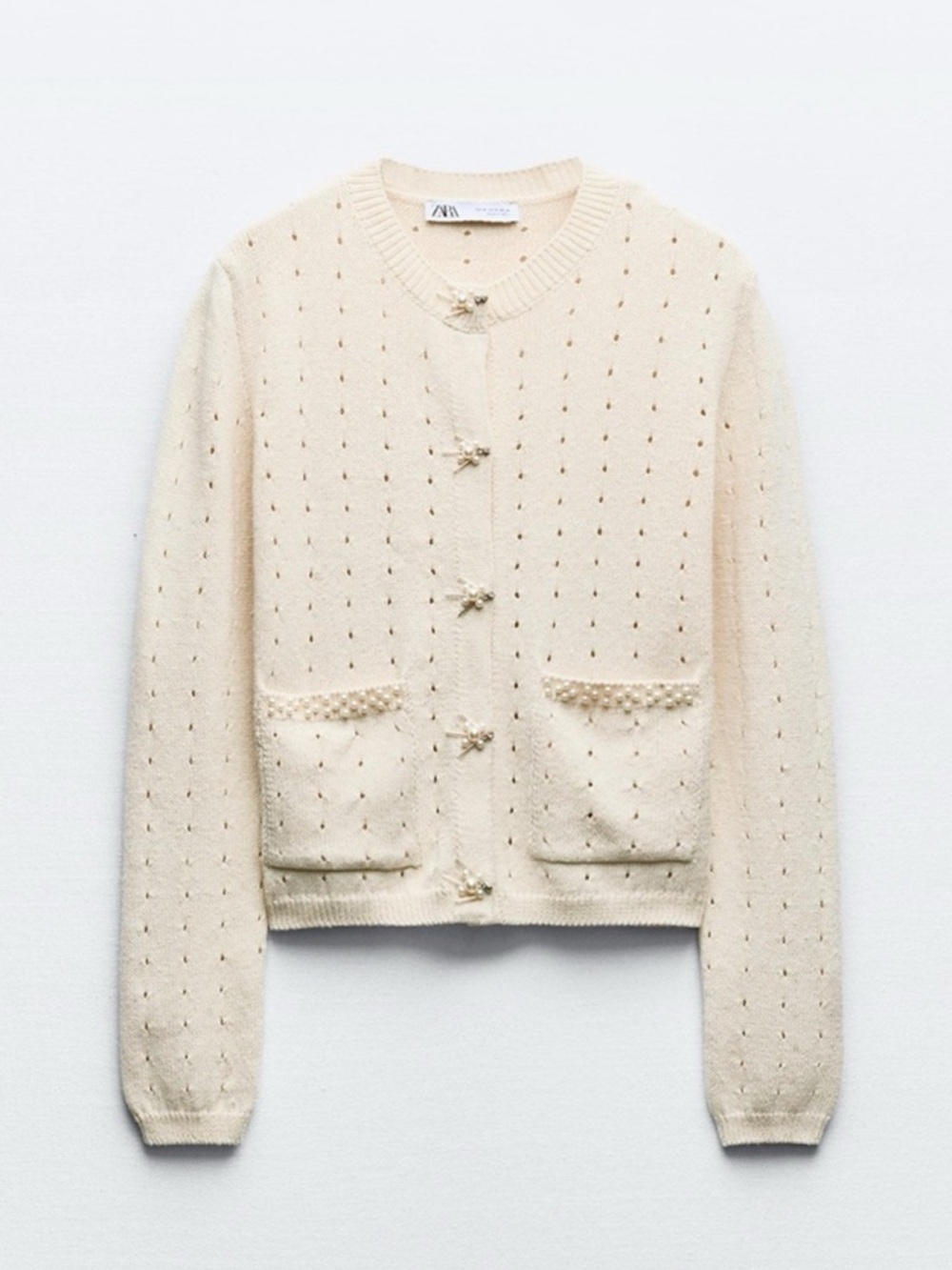 Zara Cream Knit Cardigan Sweater w/ Pearl Detail & Pockets – Size L
